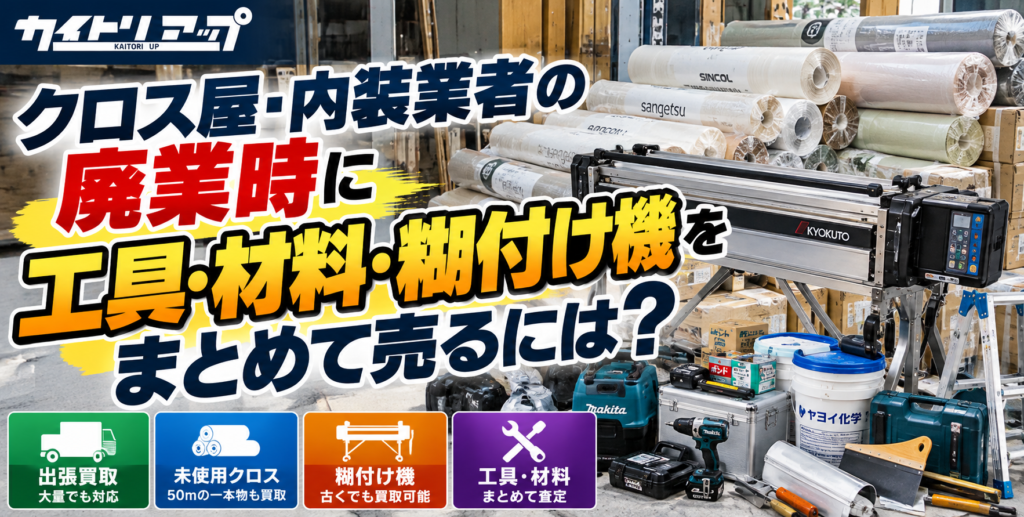 クロス屋・内装業者の廃業時に工具・材料・糊付け機をまとめて売るには? クロス屋・内装業者の廃業時に工具・材料・糊付け機をまとめて売るには? 1024x517