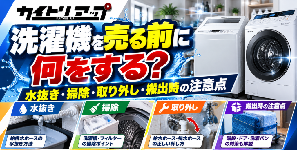 洗濯機を売る前に何をする?水抜き・掃除・取り外し・搬出時の注意点 洗濯機を売る前に何をする?水抜き・掃除・取り外し・搬出時の注意点 1024x517